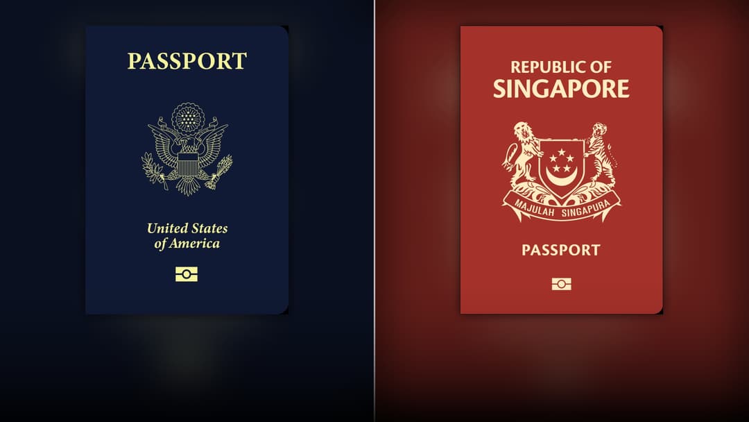 Side by side split view showing the Navy Blue United States Passport and the Crimson Red Singapore Passport.