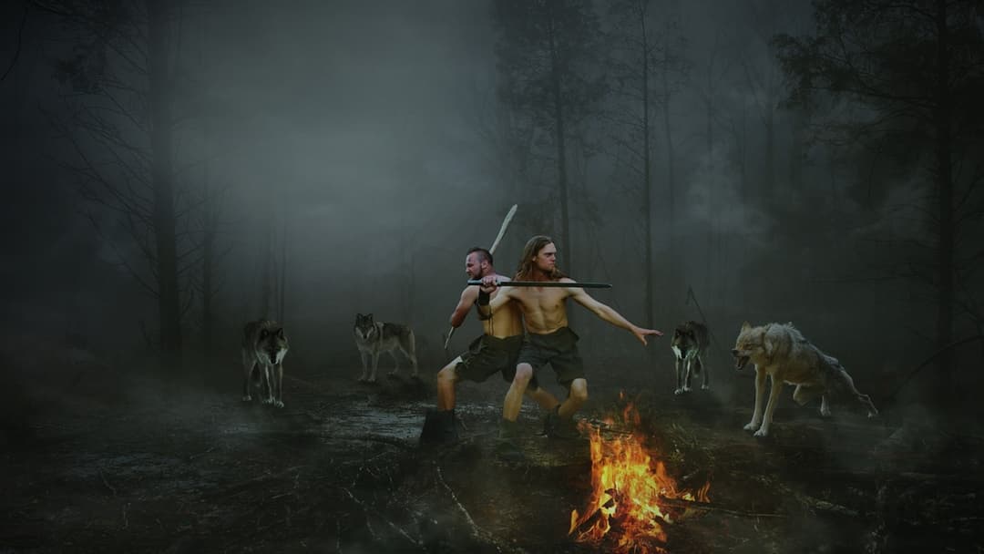 Wide landscape photograph of a man facing a wolf in a dark smoky forest
