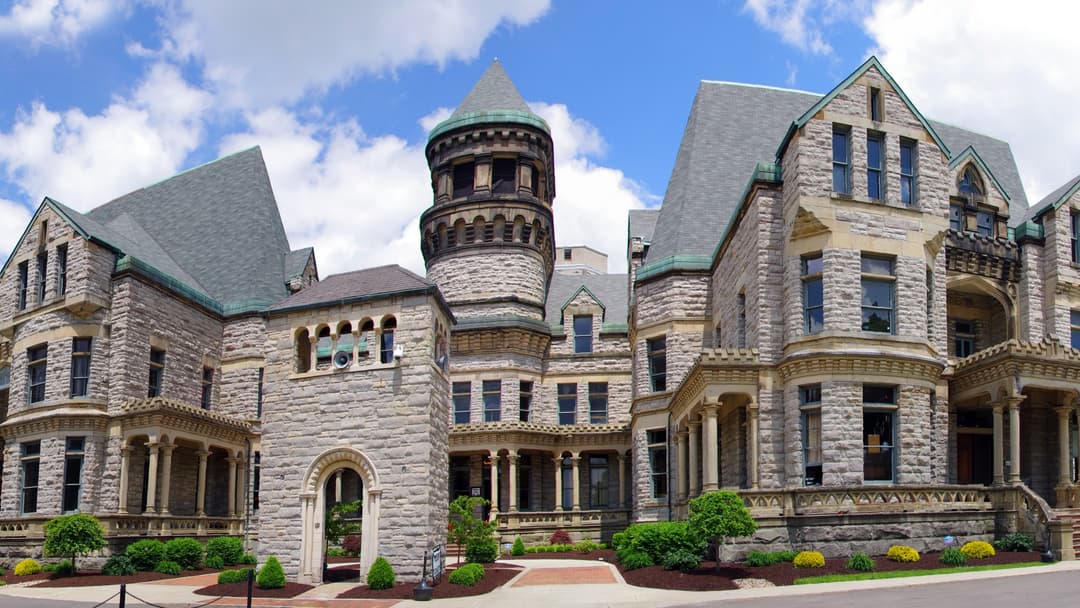 Chateauesque stone facade of the Ohio State Reformatory in Mansfield, Ohio