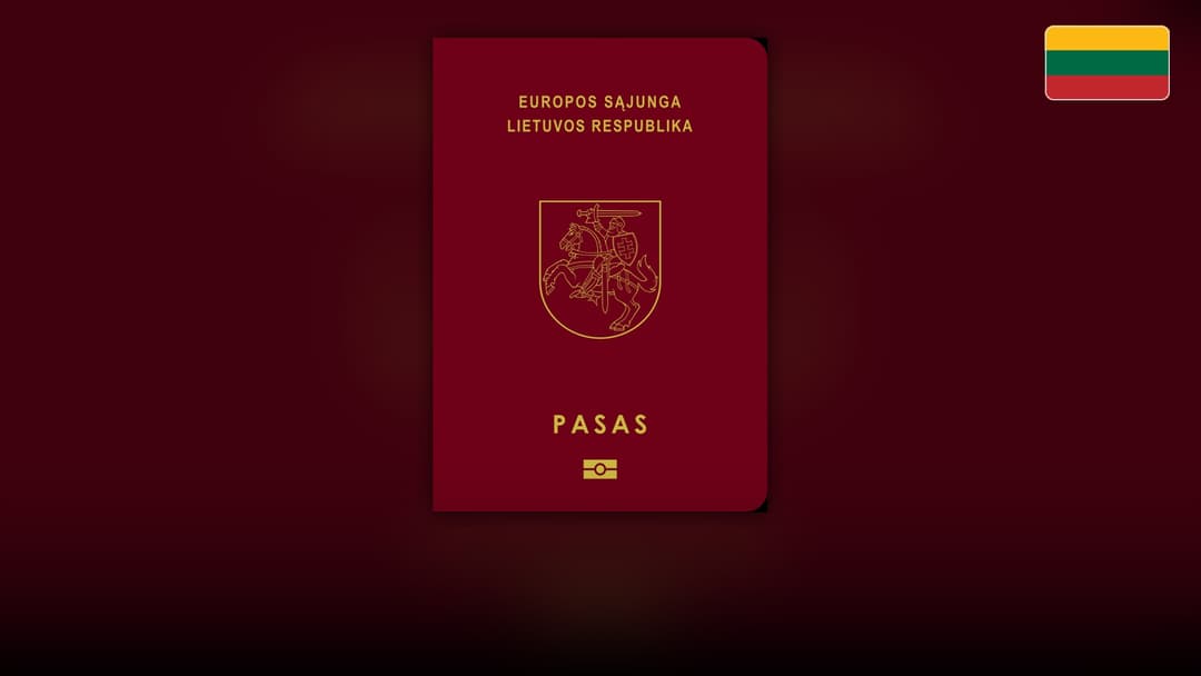 Burgundy Lithuanian passport cover with the Vytis mounted knight emblem in gold.