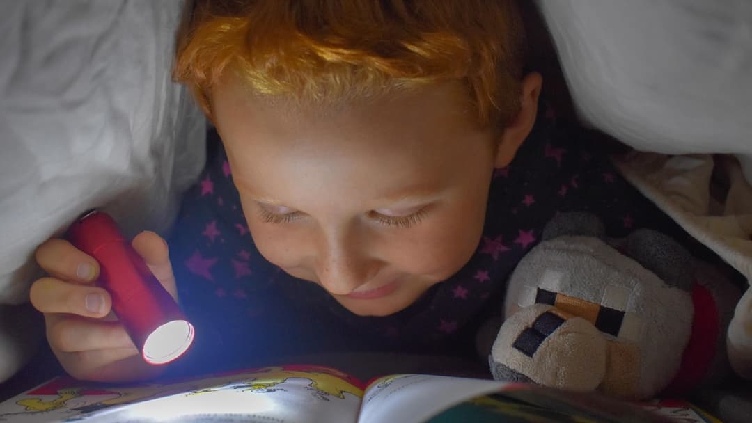 Landscape photograph of a child reading with a flashlight under a blanket fort in the dark