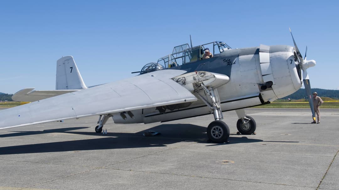 Vintage WWII Grumman TBM Avenger torpedo bomber parked on the flight line at Naval Air Station Whidbey Island