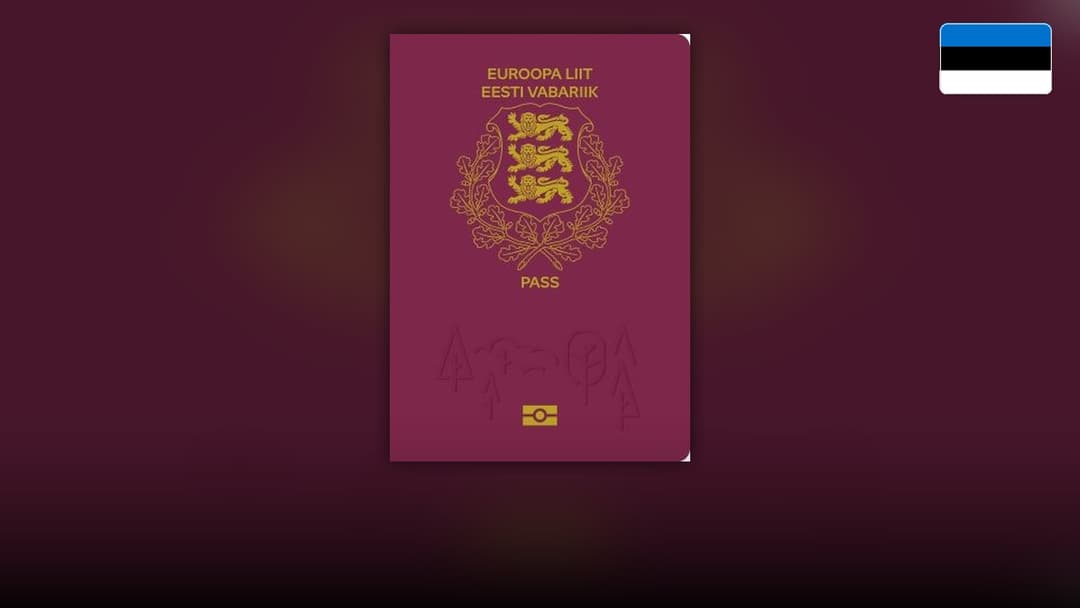 Burgundy Estonian passport booklet featuring three golden lions on the national shield.