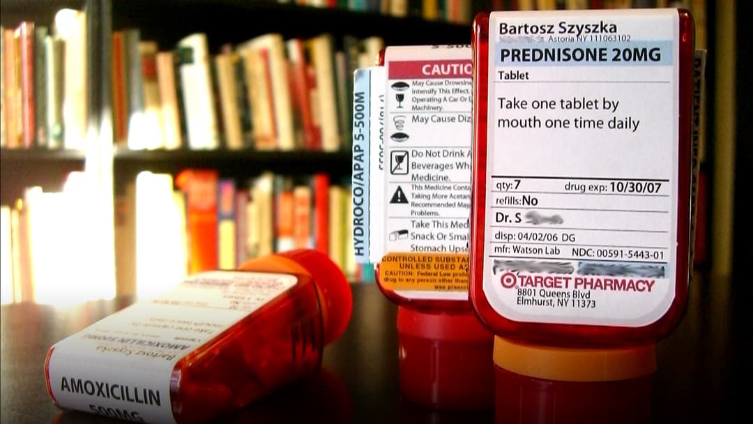 Array of standard American prescription pharmaceutical bottles.
