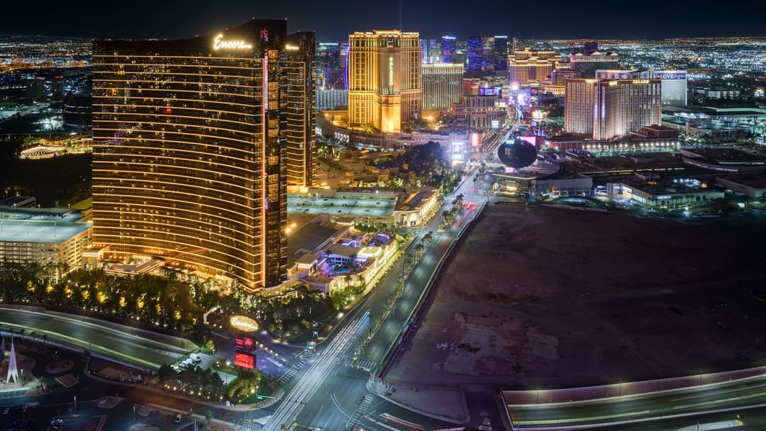 Panoramic view of the Las Vegas Strip skyline and desert mountains in Nevada