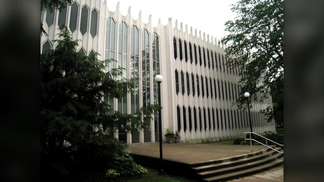 Modernist white-arch facade and entry of the Oberlin Conservatory of Music in Ohio