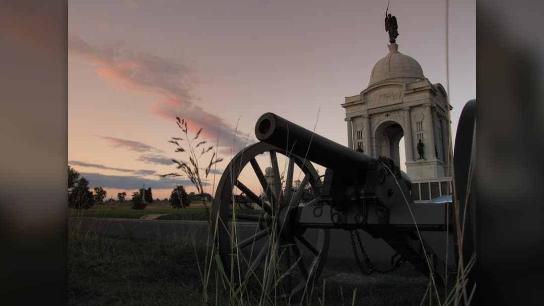 Boulders of Devil's Den viewed from Little Round Top at Gettysburg Battlefield in Pennsylvania