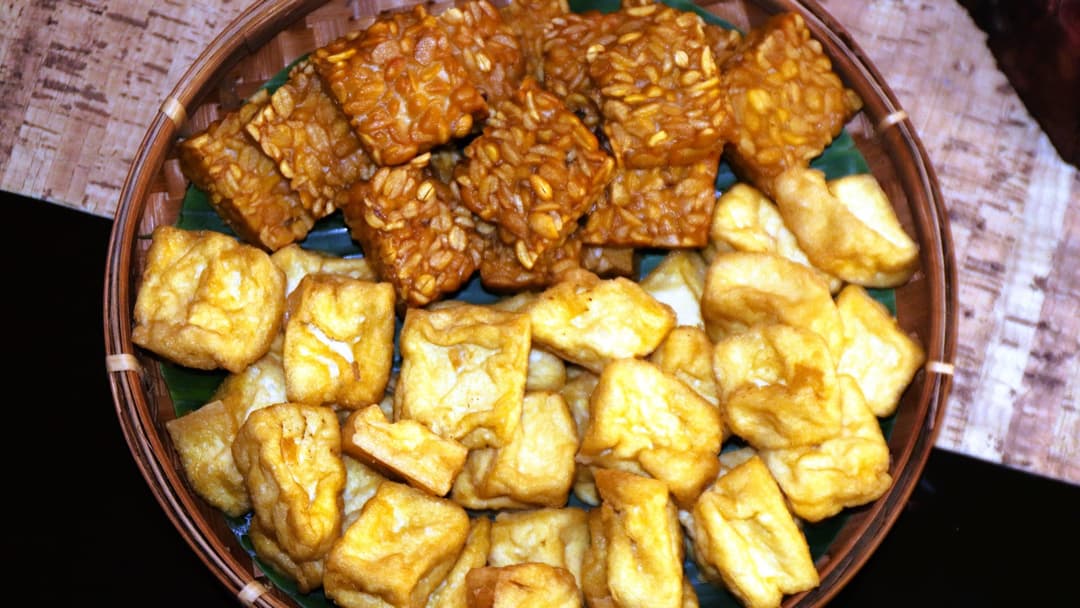 Plate of golden fried tofu and fermented soybean tempeh