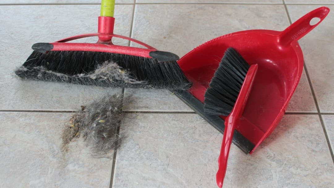 Hand brush and dustpan sweeping dust and dirt off a floor