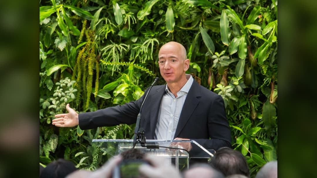 Amazon founder Jeff Bezos speaking at the Amazon Spheres grand opening event