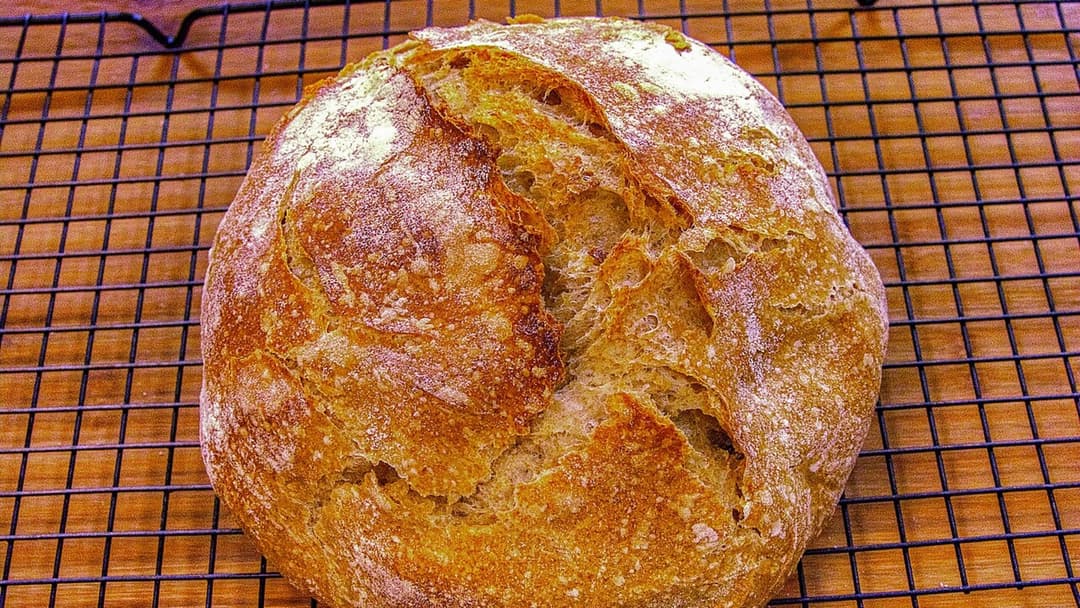 Freshly baked artisanal crusty sourdough loaf sliced open