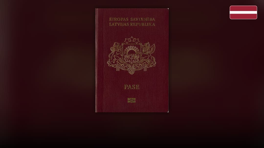 Burgundy cover of the Republic of Latvia biometric passport with the national coat of arms.
