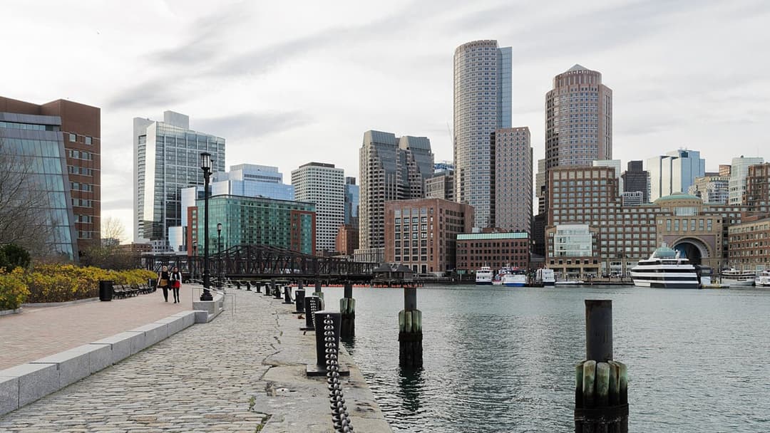 Boston skyline as seen from Fan Pier Park in South Boston.