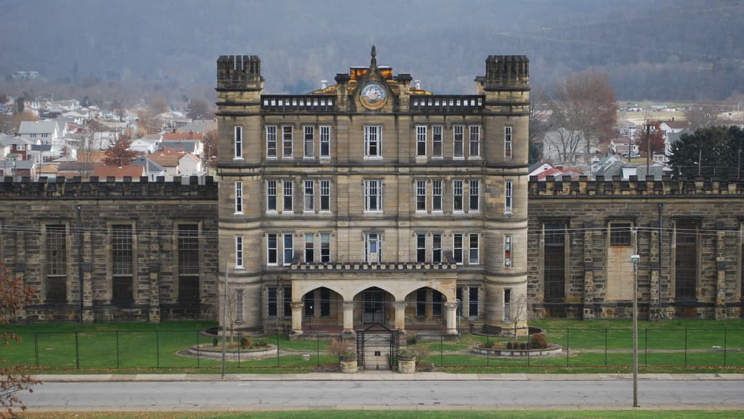 Gothic Revival stone turrets of West Virginia Penitentiary in Moundsville, West Virginia