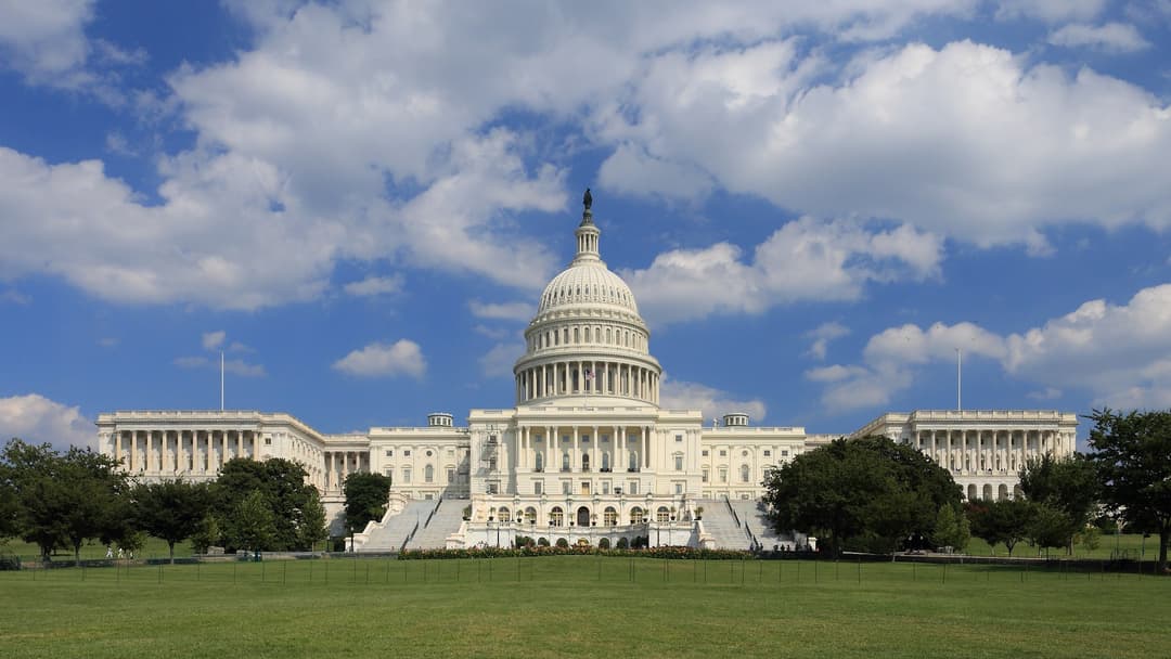 Wide west front panorama of the United States Capitol in Washington DC