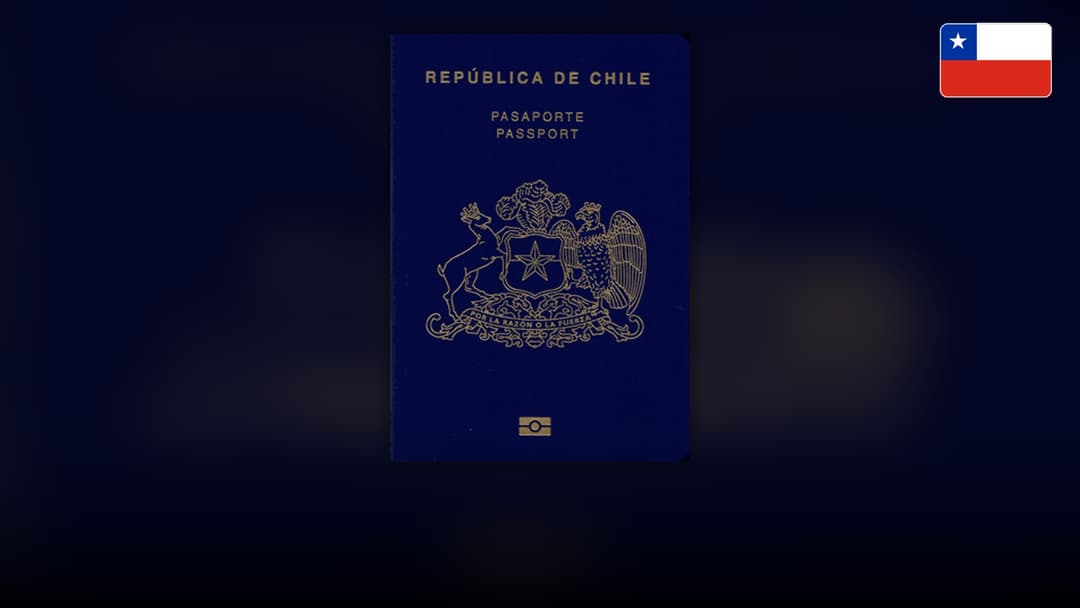 Navy blue Chilean biometric passport cover with the golden national emblem.