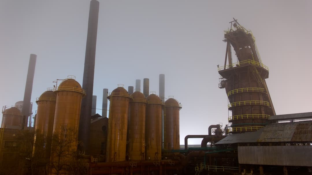 Rusting blast furnaces and smokestacks at Sloss Furnaces National Historic Landmark in Birmingham, Alabama