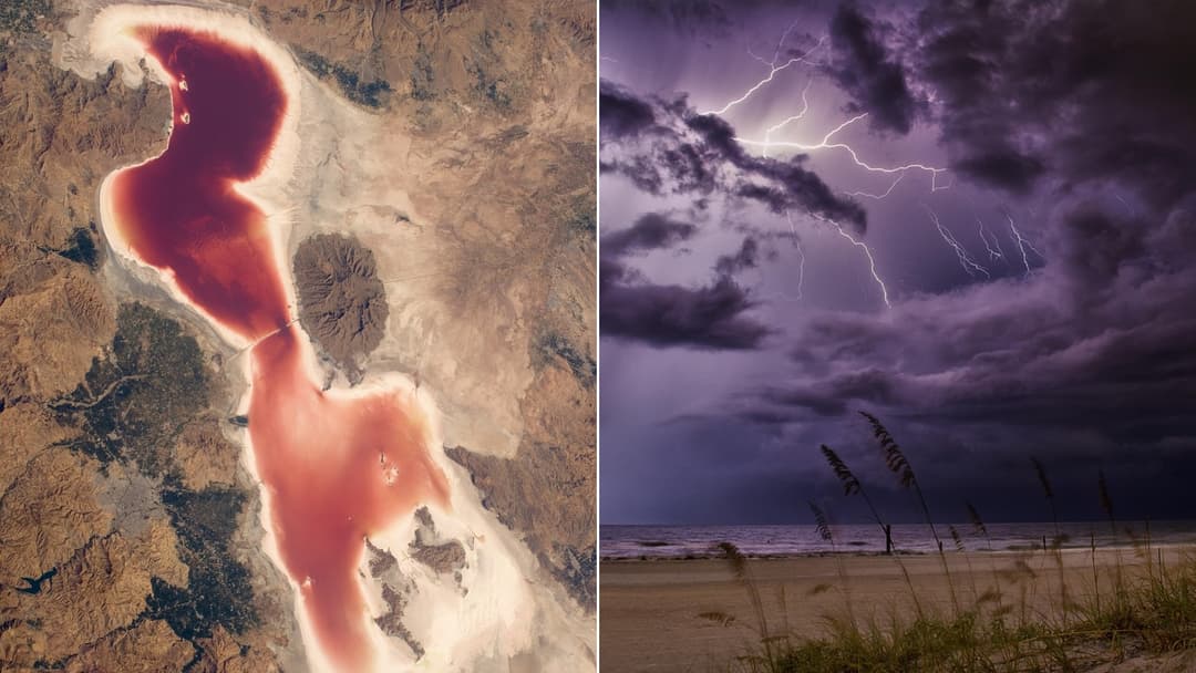 Red tinted lightning bolts and violent storm clouds striking across dark skies