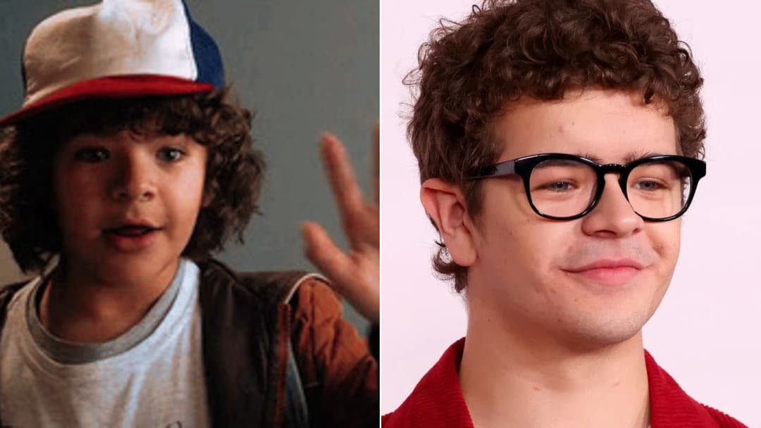 Split view of young Gaten Matarazzo in 2017 on the left and as an adult Broadway and television actor in 2025 on the right.