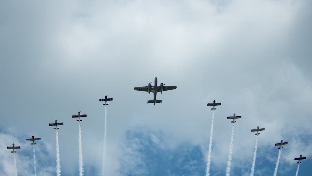 WWII North American B-25 Mitchell twin-engine medium bomber flying over Fort Wayne