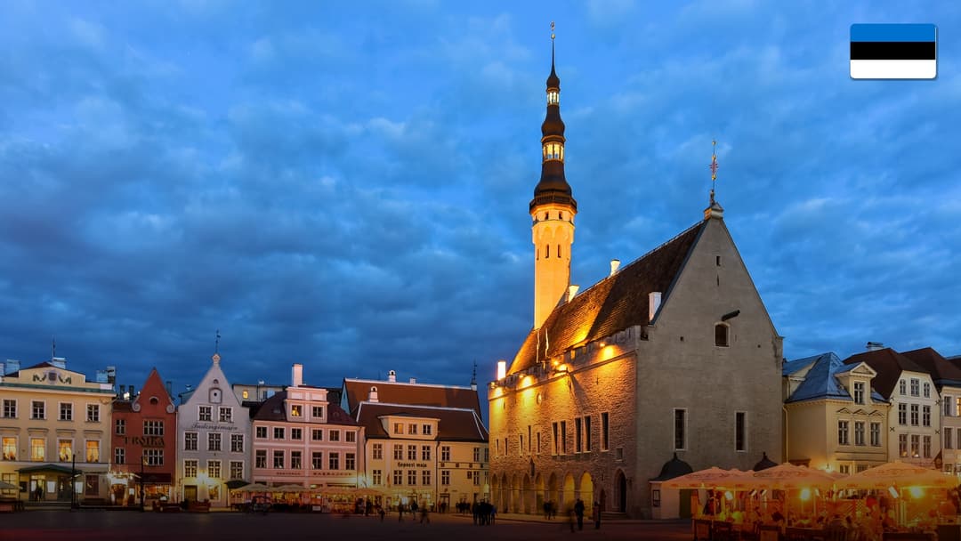 Medieval spires and red rooftops of Tallinn Old Town in Estonia.
