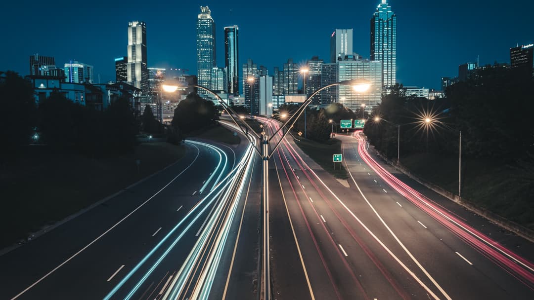 Downtown Atlanta Georgia skyline at dawn viewed from the Jackson Street Bridge