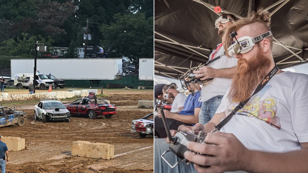 Split cover showing FPV drone racing pilots in goggles beside a muddy demolition derby car crash
