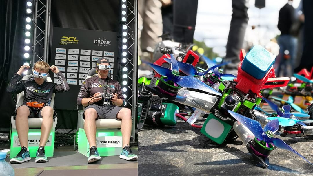 Drone racing pilots wearing Fat Shark FPV video goggles and holding radio controllers during competition