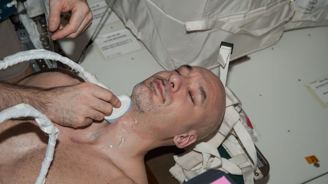 Astronaut Luca Parmitano undergoing a spinal ultrasound medical examination aboard the International Space Station