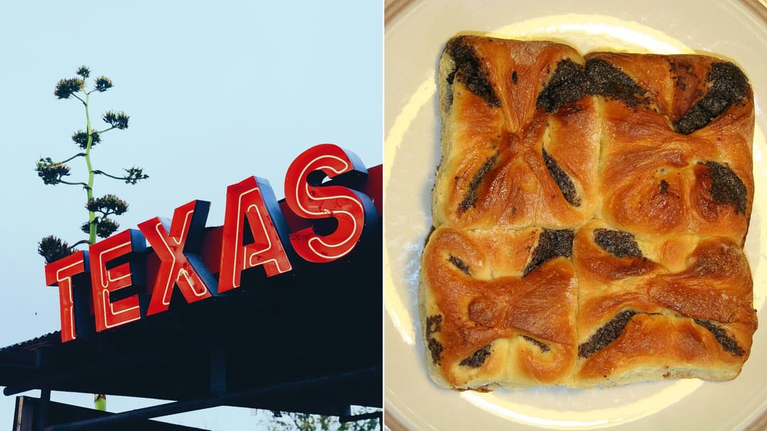 Split view of the Czech Stop bakery in West, Texas on the left and fruit-filled Czech kolache pastries on the right.