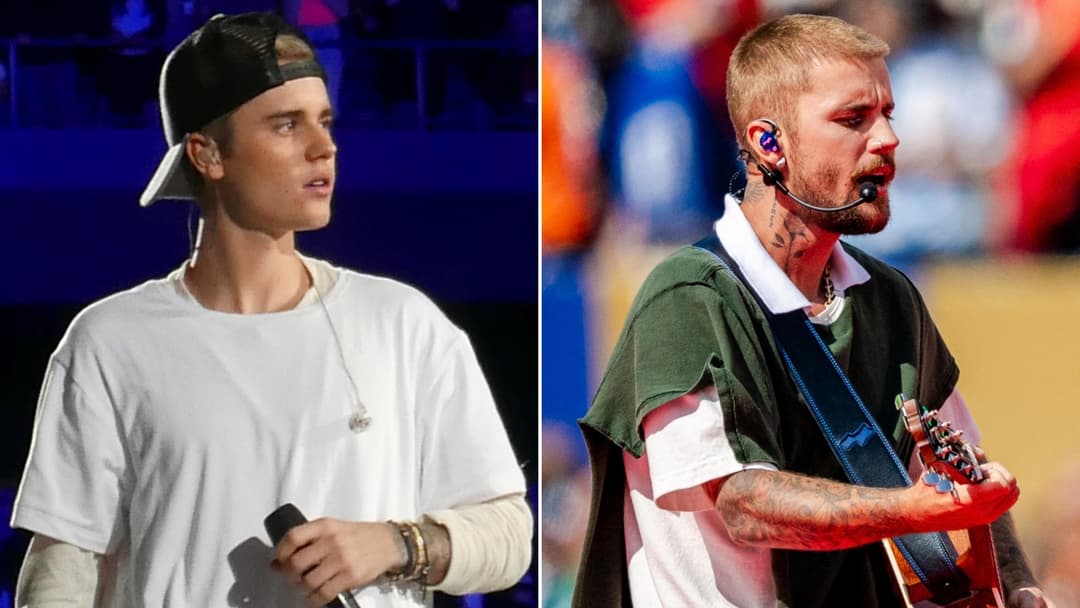 Split view of Justin Bieber with bleached hair in the Purpose era on the left and in a relaxed adult look on the right.