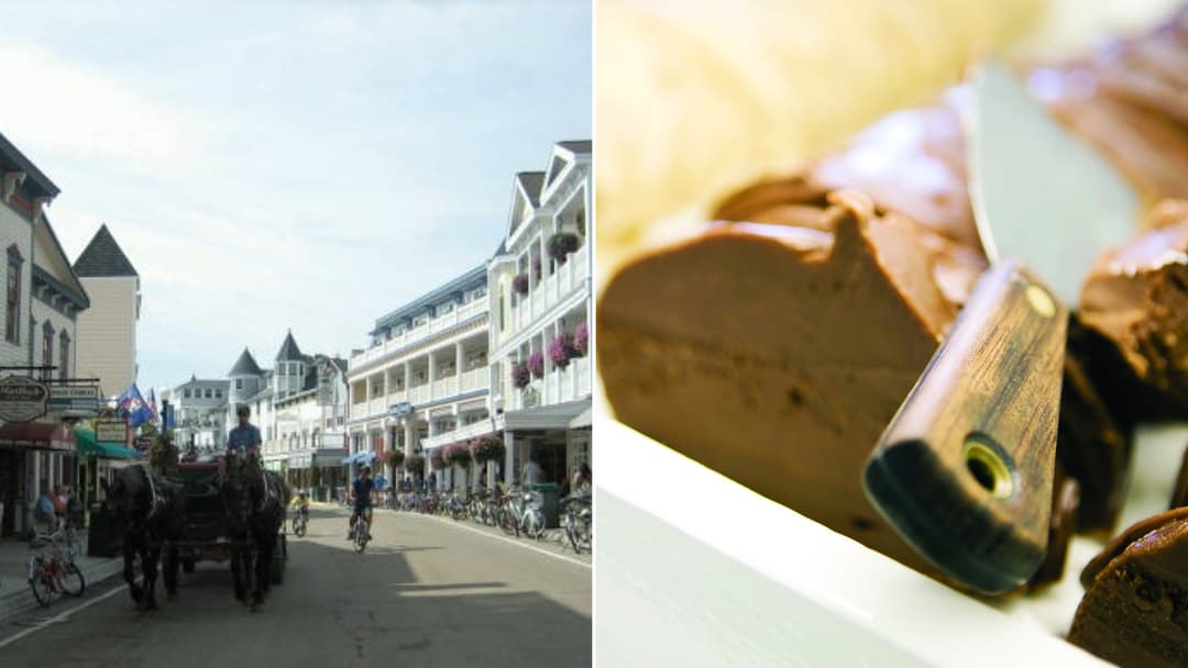 Split view of car-free Main Street on Mackinac Island, Michigan on the left and fresh chocolate fudge on a marble slab on the right.
