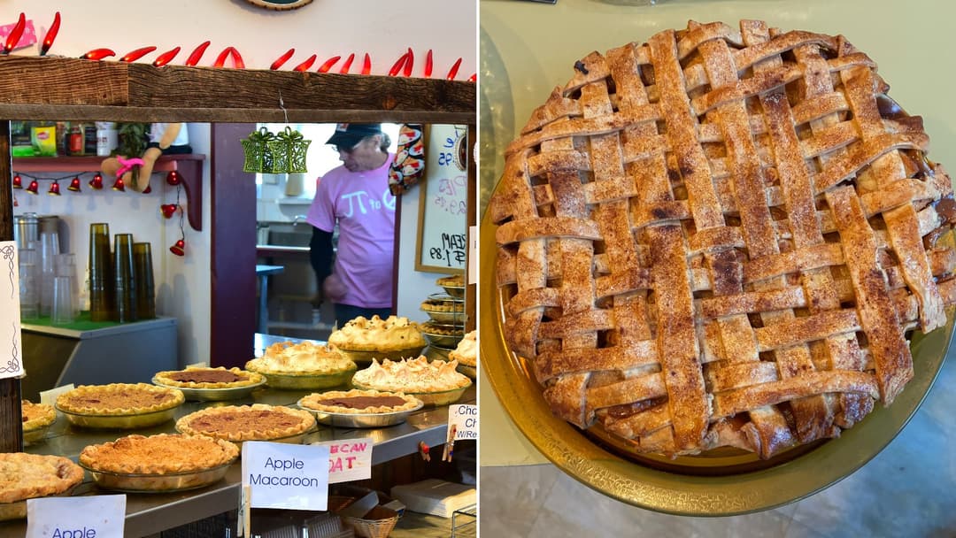 Split view of the Pie-O-Neer Cafe in Pie Town, New Mexico on the left and a freshly baked lattice apple pie on the right.