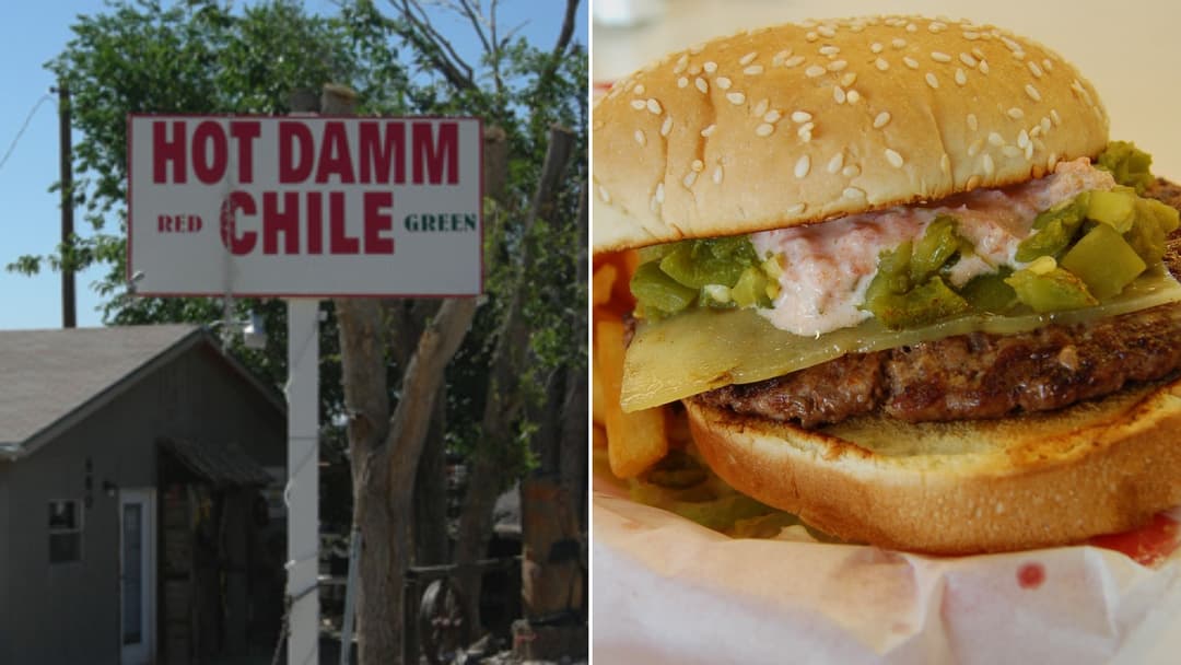 Split view of the Hatch Chile town sign in Hatch, New Mexico on the left and a Hatch green chile cheeseburger on the right.