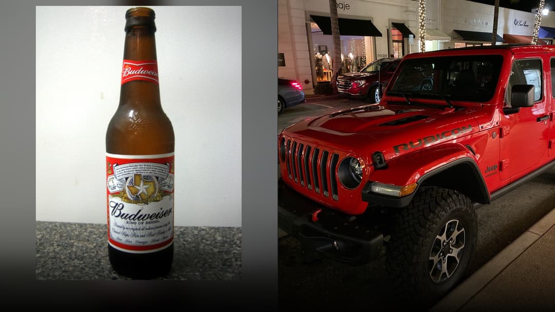 A split composition showing an uncropped amber Budweiser beer bottle beside a red Jeep Wrangler Rubicon.