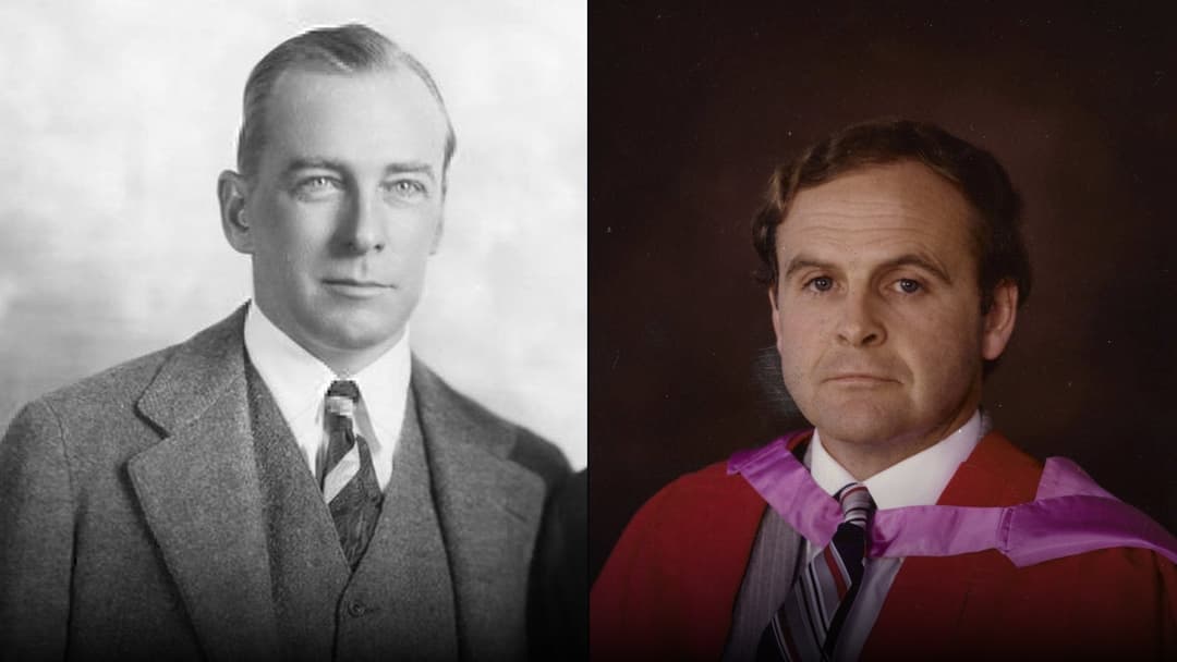 Side-by-side photographic comparison of director George Abbott as a young 1928 Broadway director on the left and at age 94 on the right.