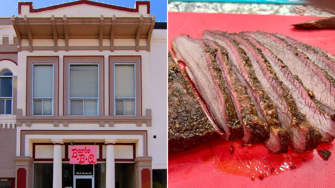 Split view of a barbecue storefront in Lockhart, Texas on the left and sliced oak-smoked beef brisket with a smoke ring on the right.