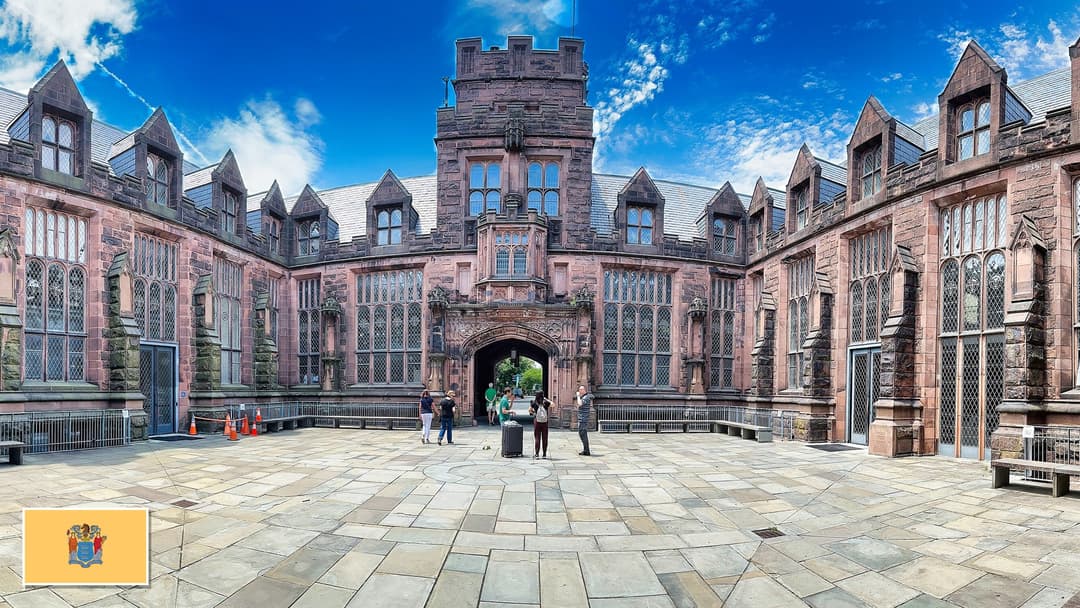 Historic collegiate Gothic courtyard of East Pyne Building at Princeton University in New Jersey with the New Jersey state flag in the bottom left corner