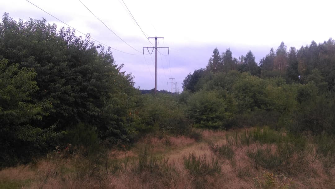 Massive high-voltage electrical transmission pylons and power lines spanning across the countryside.