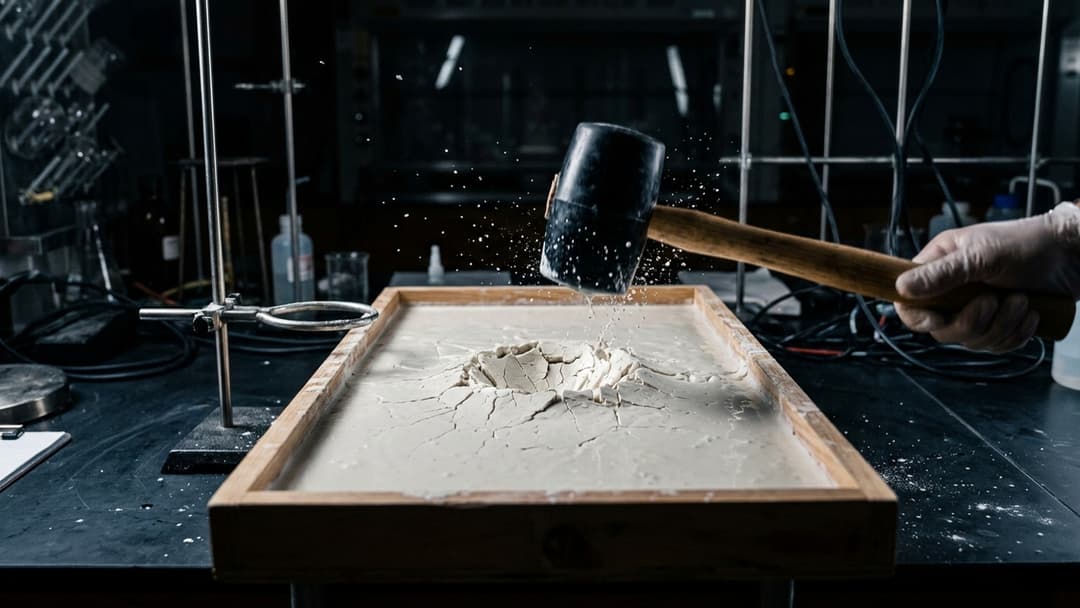 A fist striking the surface of a milky white non-newtonian fluid in a ceramic bowl, the liquid fracturing like solid stone.