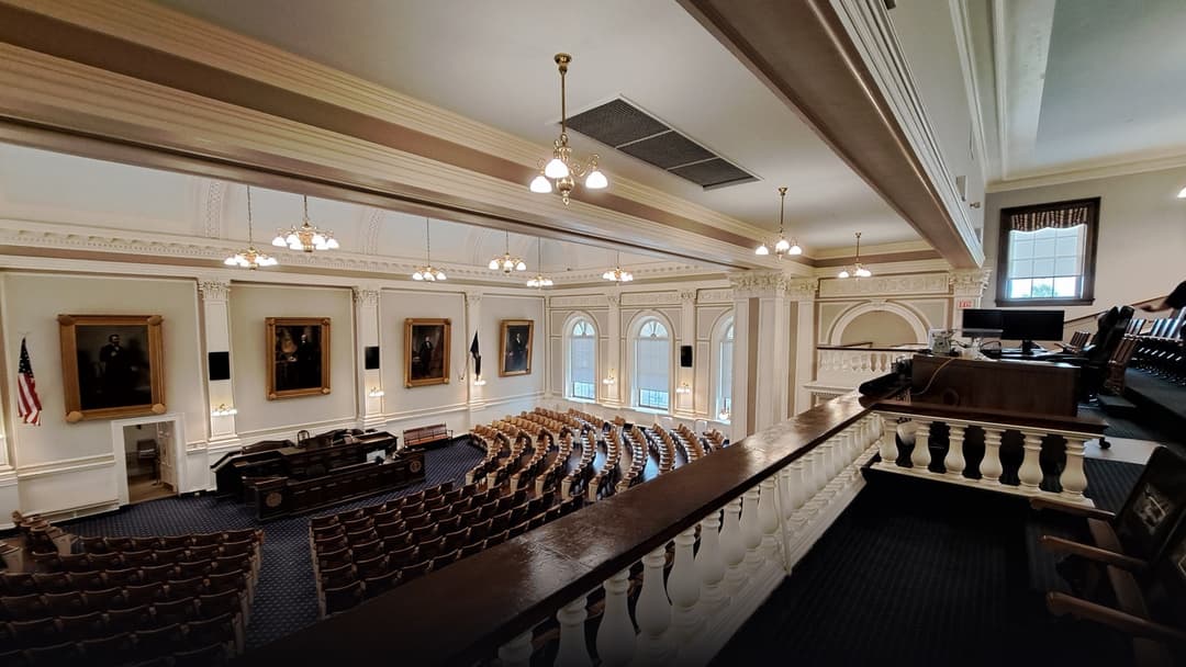Interior view of the massive 400-seat chamber of the New Hampshire House of Representatives in Concord.