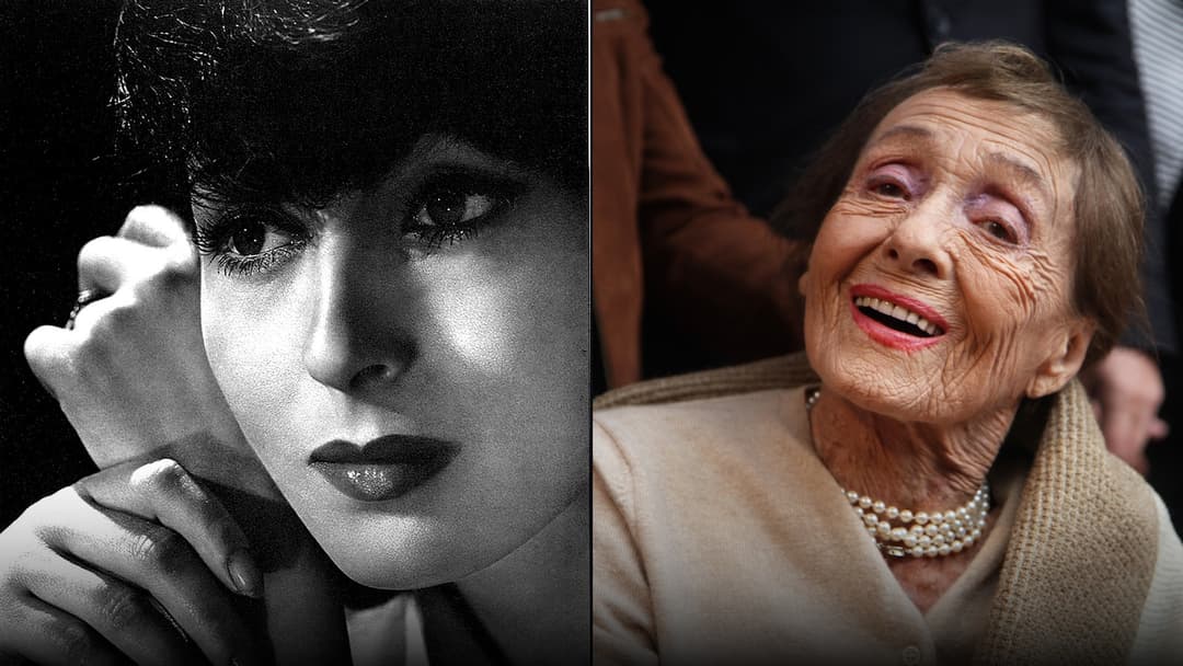 Side-by-side comparison of Luise Rainer in her 1936 Oscar-winning role on the left and smiling at age 101 at the Boulevard of Stars in 2011 on the right.