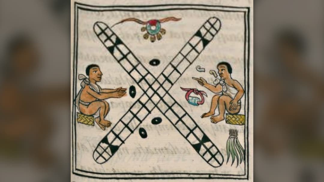Aztec players gathered around cross-shaped Patolli mat in Codex Florentinus