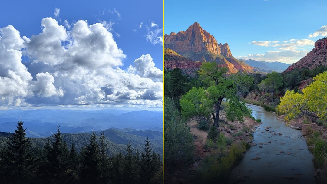Split screen comparing Great Smoky Mountains misty ridges on left with Zion National Park Watchman peak on right.
