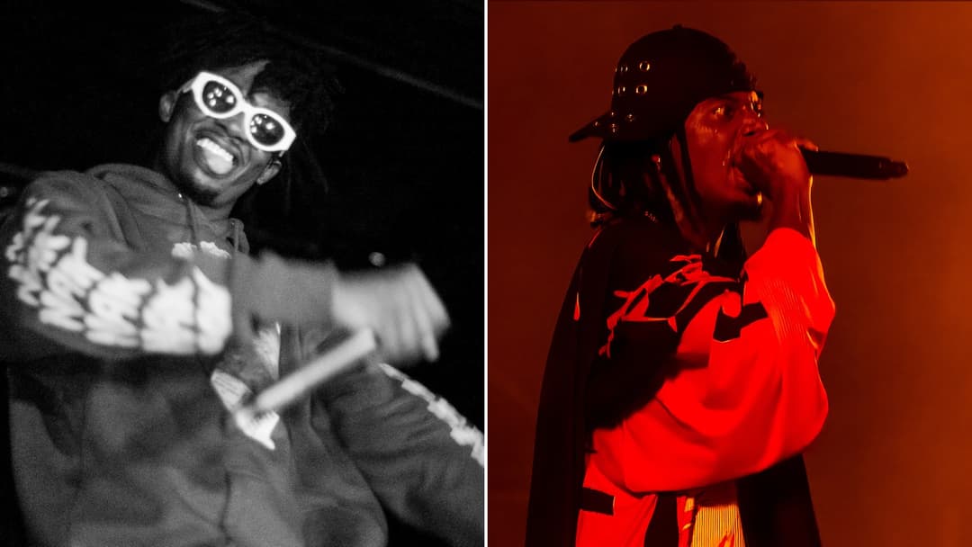 Split view of Playboi Carti in his early SoundCloud rap era on the left and performing in dark avant-garde fashion on the right.