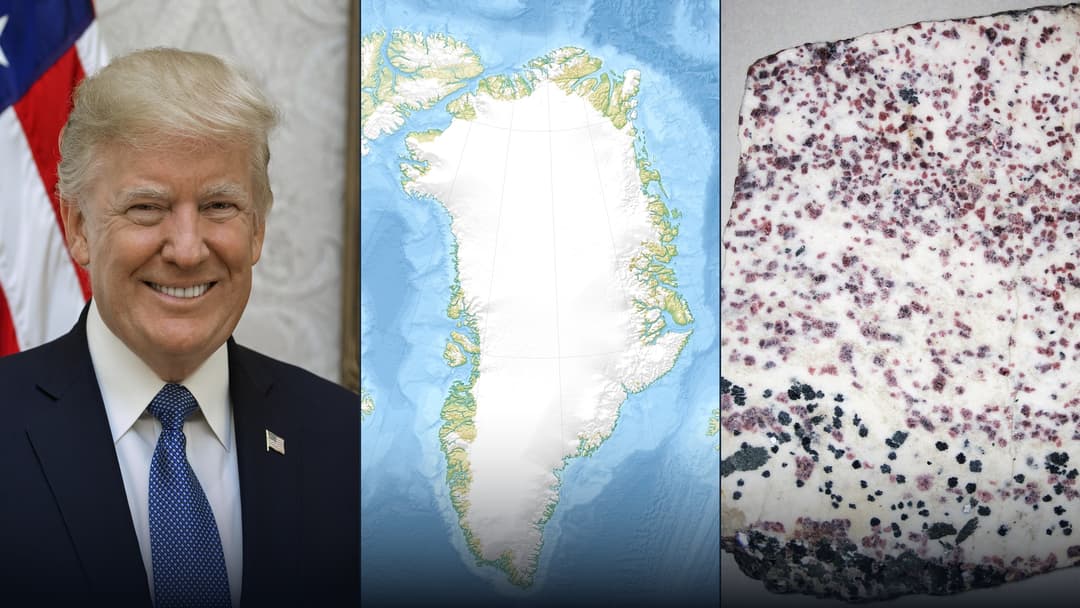 High-impact editorial composite featuring Donald Trump, strategic Greenland relief map, and rare earth minerals.