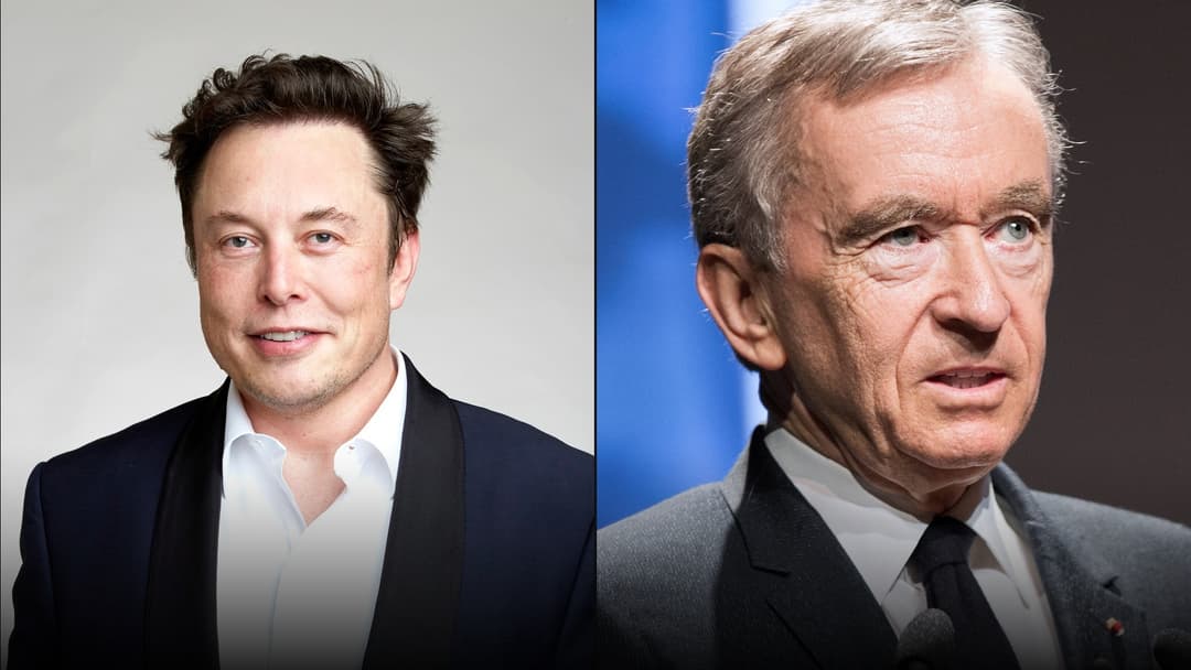 A split cover comparison of Elon Musk and Bernard Arnault.