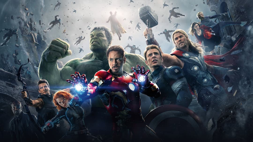 The Avengers battling Ultron's forces in Marvel Studios' Avengers: Age of Ultron.
