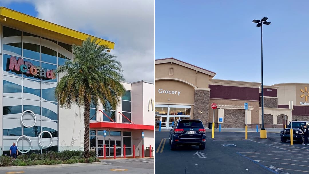 Split cover featuring McDonald's Golden Arches alongside a Walmart Supercenter storefront.