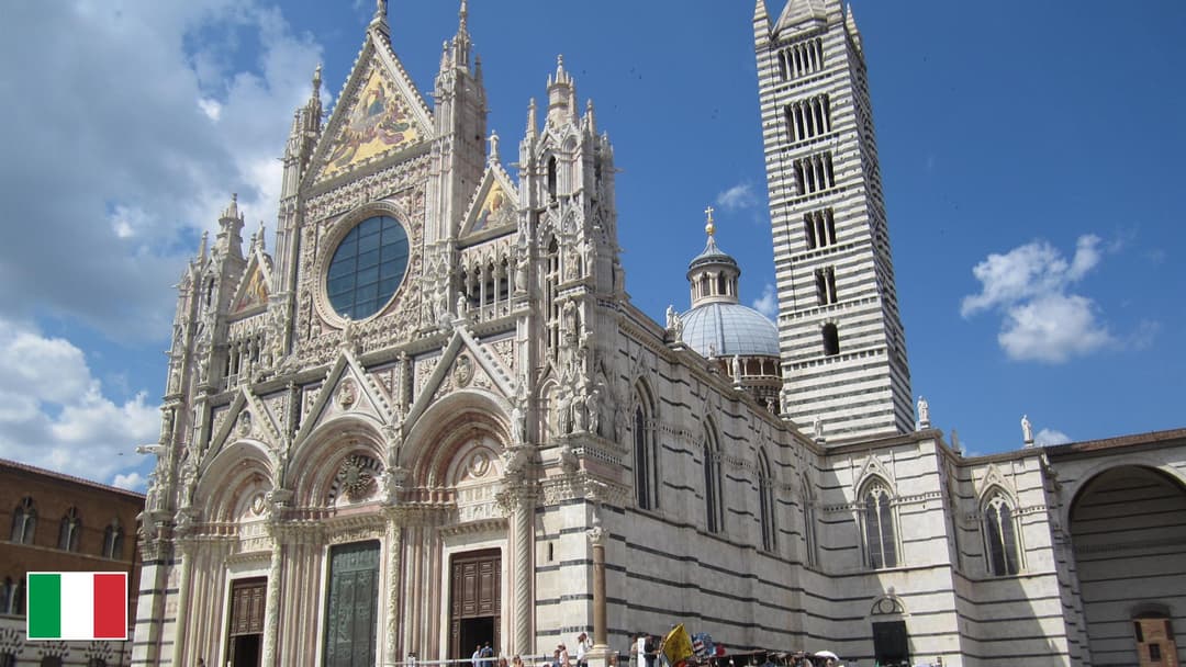 Siena Cathedral polychrome marble facade and mosaics with flag of Italy in bottom-left corner